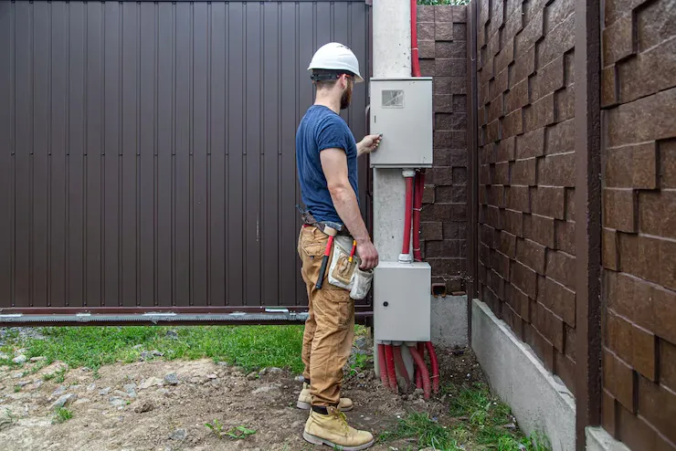 Electrician pointing out a newly installed surge protector to a local business owner.