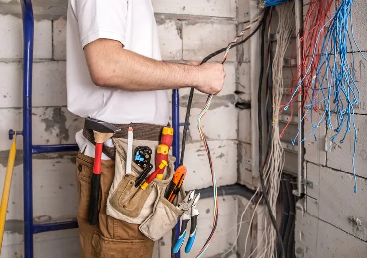 Close-up of a neatly wired, modern consumer unit with RCBO safety switches.